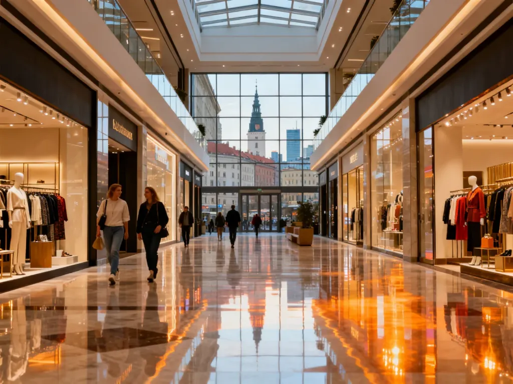 Nowoczesne centrum handlowe w Rzeszowie z eleganckimi butikami i spacerującymi klientami, zachęcające do zakupów, no text on the picture